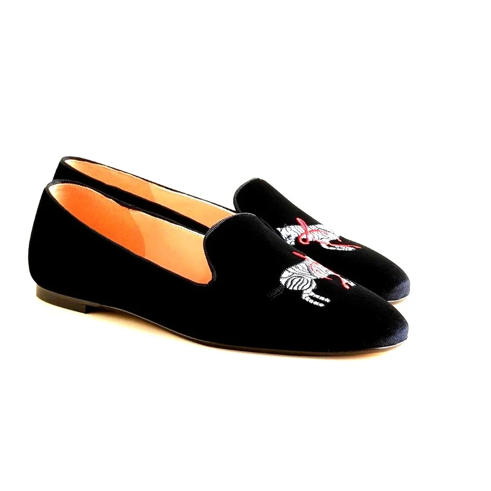 J. Crew Smoking Loafers 9 Zebra Embroidered Red Bow Black Velvet Made Italy NWOB